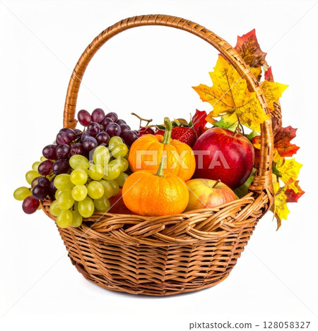 Autumn Harvest Fruit Basket with Grapes and Pumpkins Autumn Harvest Fruit Basket with Grapes and Pumpkins 128058327