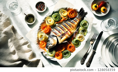 A detailed close-up of a roasted fish with a crispy golden skin, served on parchment paper. Surrounded by vibrant spiraled vegetables like zucchini, carrots, and beets, the dish is beautifully lit by A detailed close-up of a roasted fish with a crispy golden skin, served on parchment paper. Surrounded by vibrant spiraled vegetables like zucchini, carrots, and beets, the dish is beautifully lit by 128058359