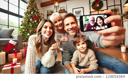 Both images depict a young couple with their two little kids, ages 3 and 5, enjoying a video call with grandparents during Christmas time. The family, seen from behind, smiles at the phone screen in a Both images depict a young couple with their two little kids, ages 3 and 5, enjoying a video call with grandparents during Christmas time. The family, seen from behind, smiles at the phone screen in a 128058364
