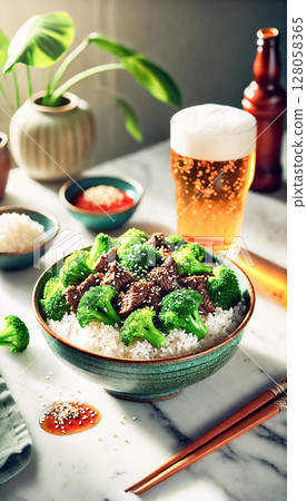 Two bowls filled with tender beef and fresh broccoli served over fluffy white rice, topped with sesame seeds. The scene is set on a marble countertop, accompanied by a cold beer, creating a cozy and Two bowls filled with tender beef and fresh broccoli served over fluffy white rice, topped with sesame seeds. The scene is set on a marble countertop, accompanied by a cold beer, creating a cozy and 128058365