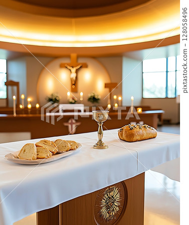 A table with bread and a cup of wine in front of a cross 128058496
