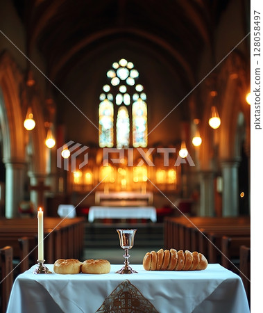 A church with a table in the middle with a silver cup and two loaves of bread 128058497