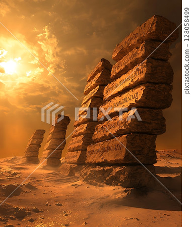 A group of stone pillars with writing on them 128058499