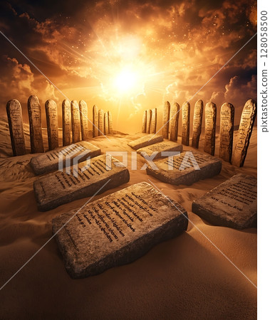 A desert scene with a large stone obelisk in the center 128058500