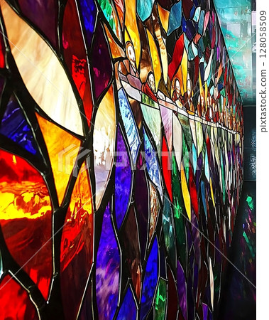 A colorful stained glass window with many different colored pieces 128058509