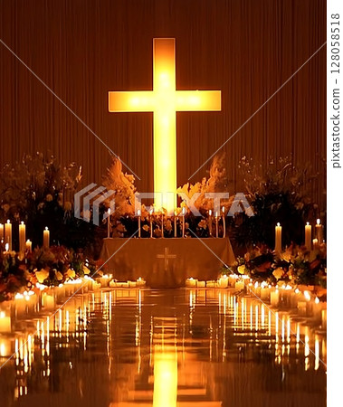 A lit cross is in the center of a room with candles surrounding it 128058518