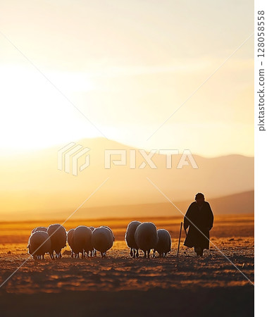 A man is walking through a field with a group of sheep 128058558