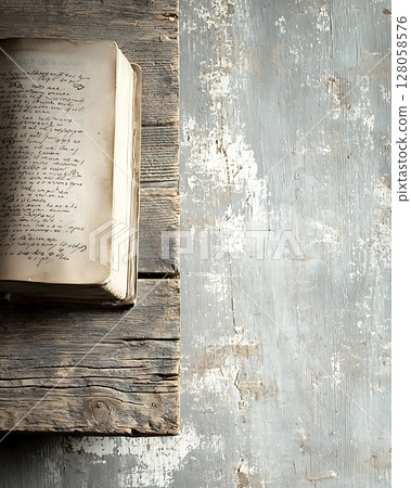 A book is open on a wooden table 128058576