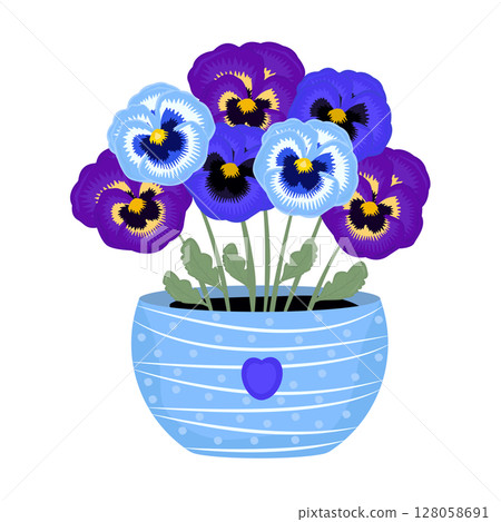 Blue and violet pansies in a pot, seven flowers Blue and violet pansies in a pot, seven flowers 128058691