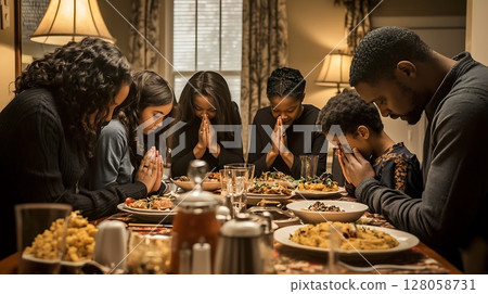 A family of five is gathered around a table, praying and eating together 128058731