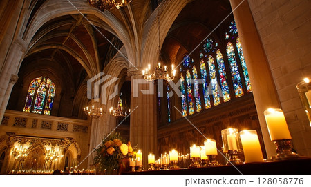 The inside of a church is lit up with candles and stained glass windows 128058776