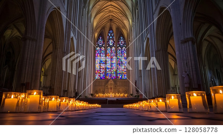A church with stained glass windows and candles lit A church with stained glass windows and candles lit 128058778