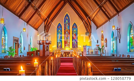 A church with stained glass windows and a red carpet leading to the altar A church with stained glass windows and a red carpet leading to the altar 128058779