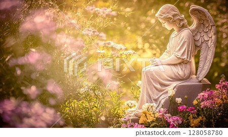A white angel statue sits on a stone pedestal in a garden A white angel statue sits on a stone pedestal in a garden 128058780