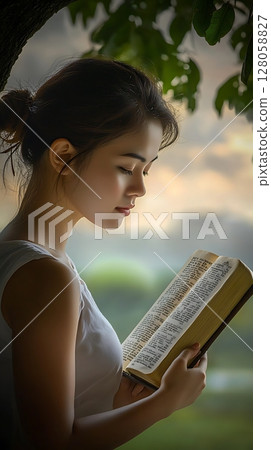 A woman is reading a book in a park 128058827