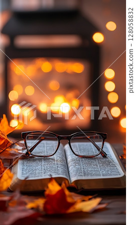 A book with a pair of glasses on top of it 128058832