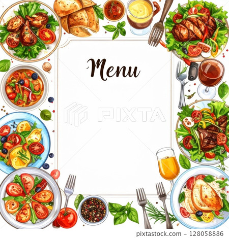 Colorful Food Menu Border with Various Dishes 128058886