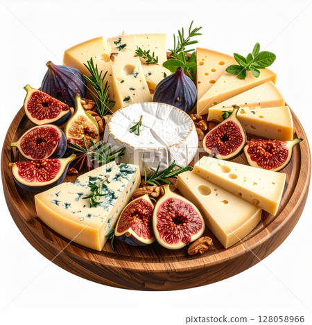 Artisan Cheese and Fig Selection on Wooden Board 128058966