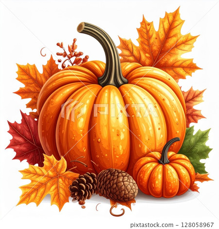 Orange Pumpkins with Autumn Leaves and Pine Cones 128058967