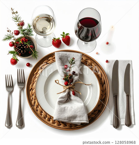 Elegant Christmas Table Setting with Wine and Berries 128058968