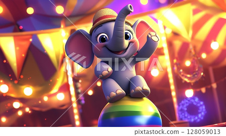 A cartoon elephant is standing on a ball with a yellow 128059013