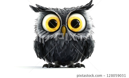 A cartoon owl with big yellow eyes and a black body 128059031