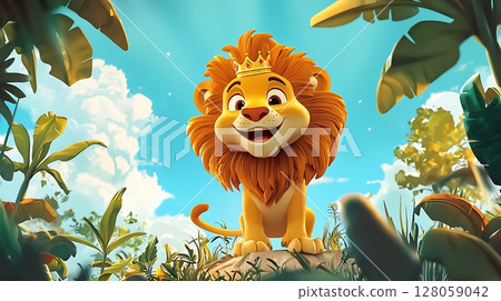 A cartoon lion is sitting on a rock in a jungle A cartoon lion is sitting on a rock in a jungle 128059042