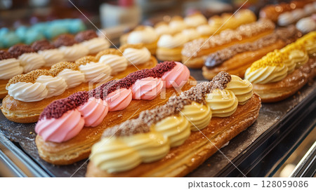 Assorted eclairs with colorful cream toppings and sprinkles arranged in bakery display. Gourmet pastry selection. Tempting sweet treats. 128059086
