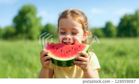 Smiling young girl eating juicy watermelon slice outdoors on sunny day. Fresh summer fruit, happy childhood moment. Natural joyful scene. 128059087