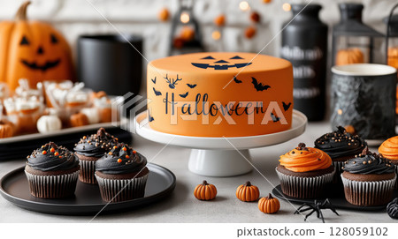 Halloween cake with orange icing and black lettering surrounded by themed cupcakes and pumpkin decorations on festive table. Spooky treats. 128059102