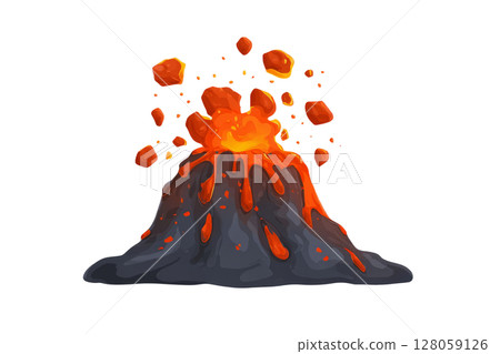 Molten lava burst with flying magma chunks minimal on white 128059126