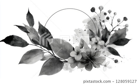 Muted grayscale botanical wreath, circular watercolor frame with transparent middle 128059127