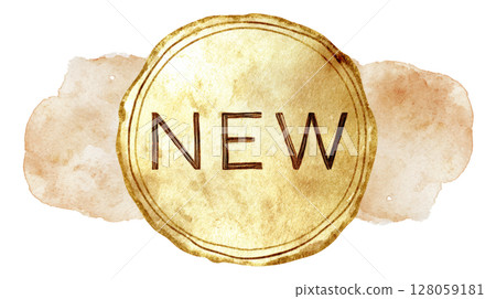 Embossed gold foil seal with the word NEW in bold uppercase, isolated on white 128059181