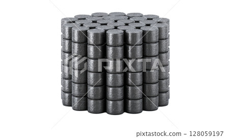 uranium fuel pellet stack, metallic gray texture, clean white background 128059197