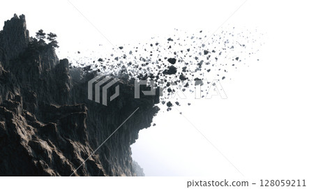 cliff fragments falling off a mountain minimal on white 128059211