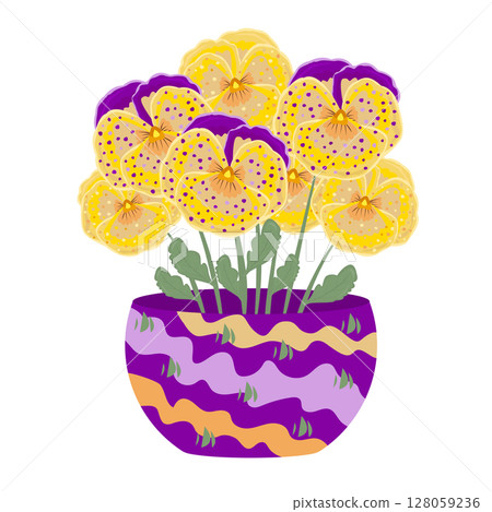 Seven yellow and violet pansies in a vase, colorful illustration 128059236