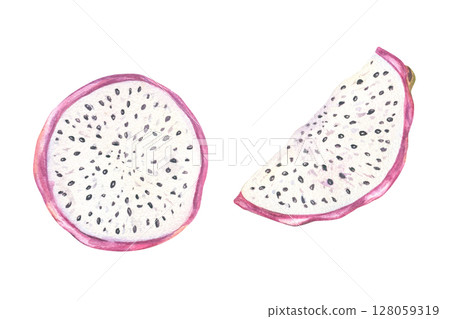 Two fresh pitaya slices with juicy white flesh watercolor illustration isolated background. Tropical dragon fruit for healthy food packaging, juice labels, vegan recipes, and summer menu designs. Two fresh pitaya slices with juicy white flesh watercolor illustration isolated background. Tropical dragon fruit for healthy food packaging, juice labels, vegan recipes, and summer menu designs. 128059319