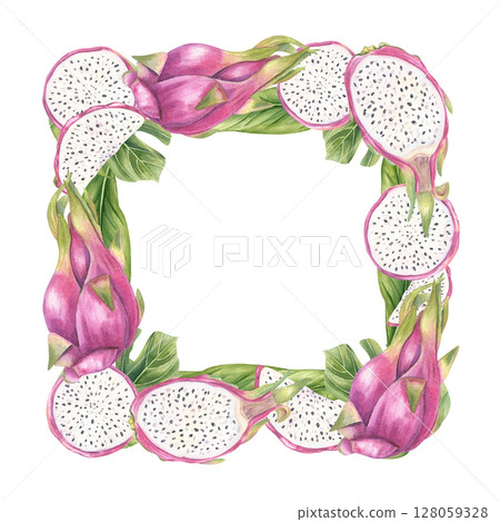 pink pitaya fruits and lush monstera leaves square watercolor border isolated background. Tropical fruit illustration with blank space for text. For invitations, exotic menu, spa packaging pink pitaya fruits and lush monstera leaves square watercolor border isolated background. Tropical fruit illustration with blank space for text. For invitations, exotic menu, spa packaging 128059328