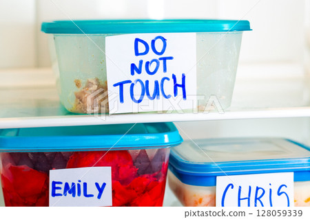Do Not Touch sticker on lunch boxes in office refrigerator. Angry and hungry workers concept. Do Not Touch sticker on lunch boxes in office refrigerator. Angry and hungry workers concept. 128059339