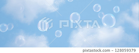 tranquil blue background with translucent soap bubbles gently drifting among delicate foam clouds tranquil blue background with translucent soap bubbles gently drifting among delicate foam clouds 128059379