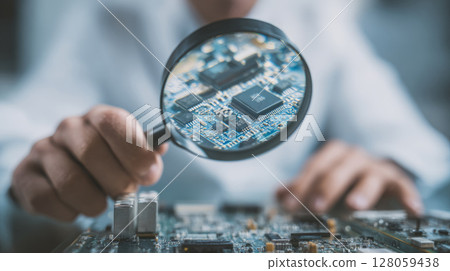 Minimalist aesthetic, tech worker assembling circuit board under magnifying lens 128059438