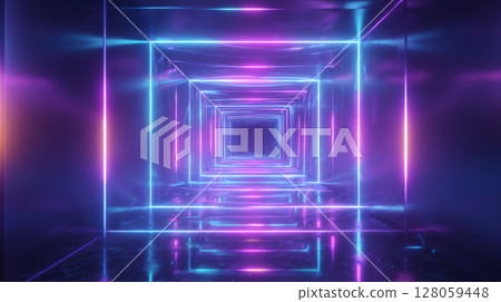Neon-light tunnel with infinite reflections, vibrant purple and blue tone 128059448