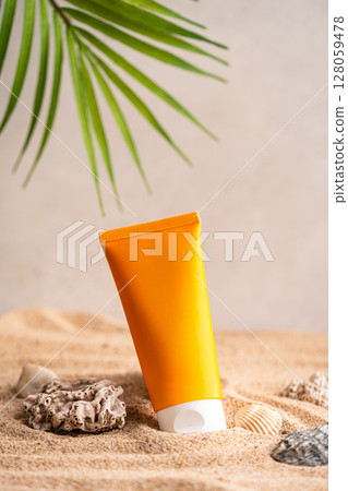 Sunblock or sunscreen in cosmetic tube Sunblock or sunscreen in cosmetic tube 128059478