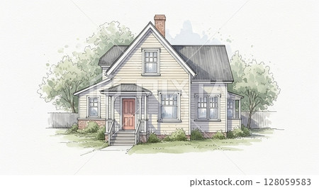 Classic wooden house drawn in watercolor style 128059583