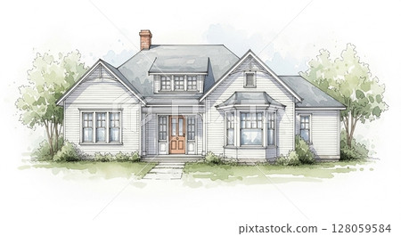 Classic wooden house drawn in watercolor style 128059584