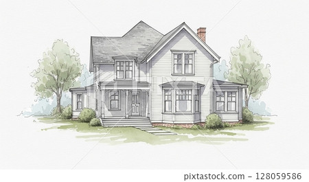 Classic wooden house drawn in watercolor style 128059586
