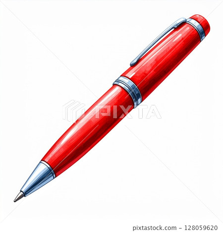 Red Ballpoint Pen with Metallic Accents on White Background 128059620
