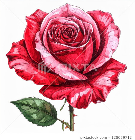 Red Rose Illustration with Pink Hues and Green Leaf Red Rose Illustration with Pink Hues and Green Leaf 128059712