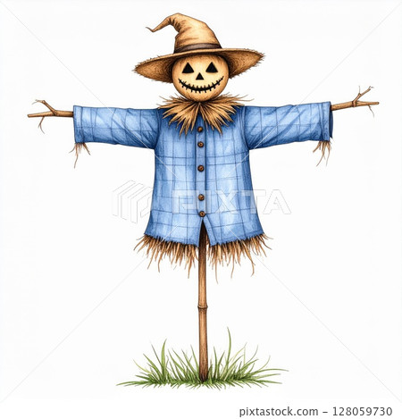 Friendly Scarecrow with Blue Shirt in Autumn Field Friendly Scarecrow with Blue Shirt in Autumn Field 128059730