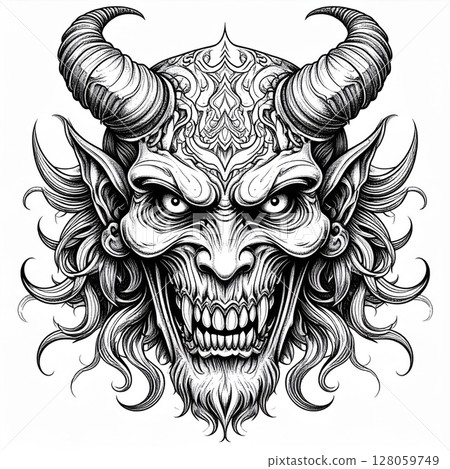Detailed Monochrome Demon Head Illustration 128059749